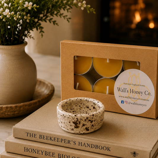 “Olive” Pottery Tea Light Beeswax Candle Holder and Pack of 6 candles