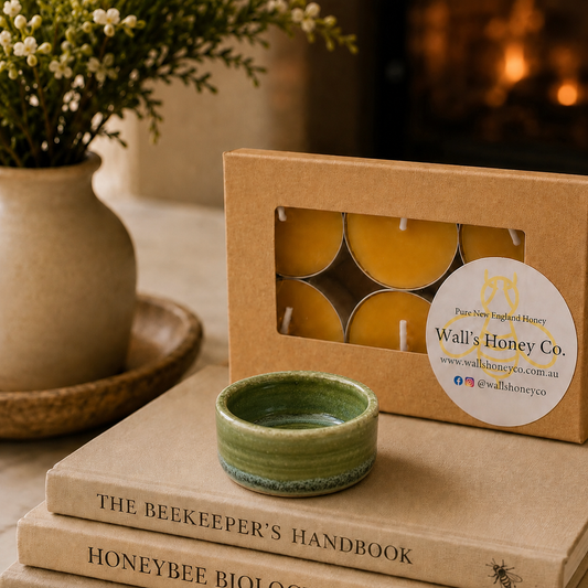 “Theodora” Pottery Tea Light Beeswax Candle Holder and Pack of 6 candles