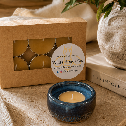 “Celestine” Pottery Tea Light Beeswax Candle Holder and Pack of 6 candles