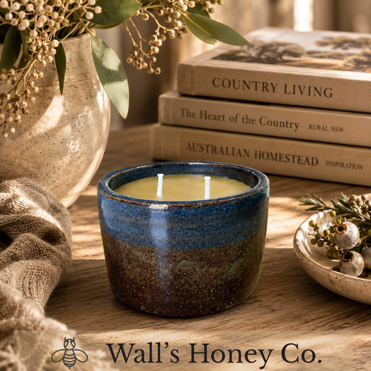 “Earth Meets Sky” pure beeswax candle in local pottery