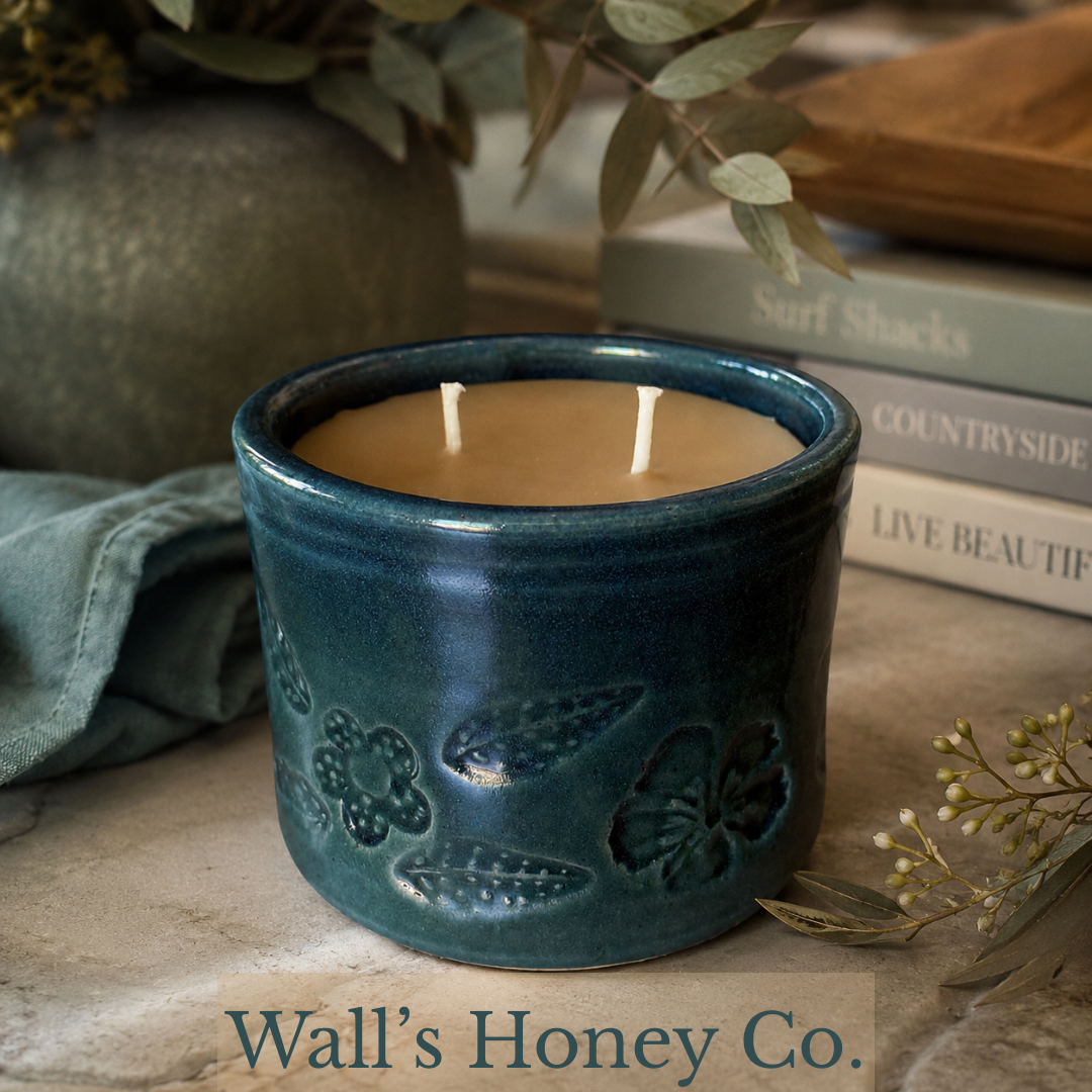 “Turquoise Bloom” pure beeswax candle in local pottery