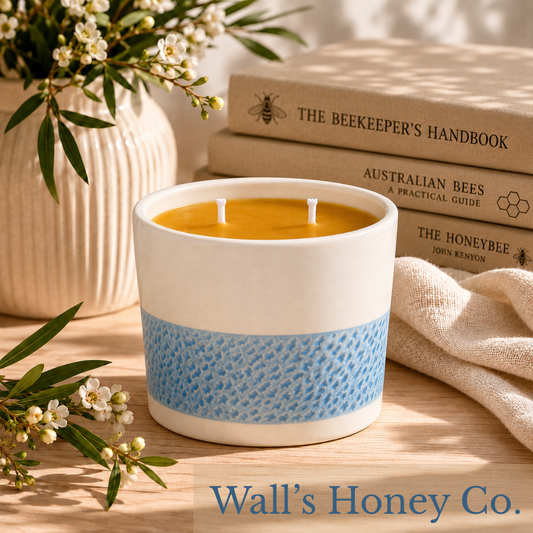 “River Rapids” pure beeswax candle in local pottery