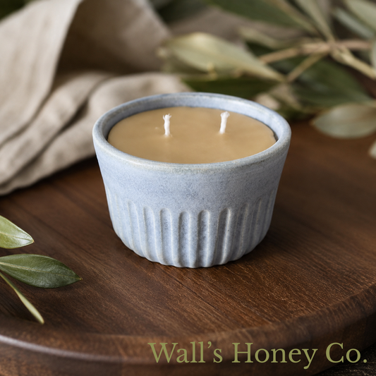 “Matilda” pure beeswax candle in local pottery