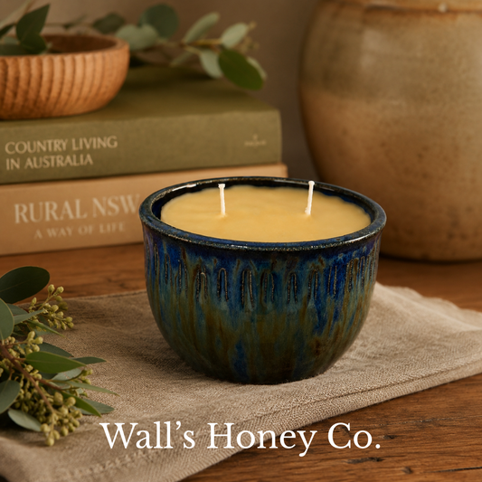 “Ivy” pure beeswax candle in local pottery