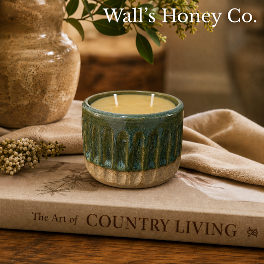 “Florence” pure beeswax candle in local pottery