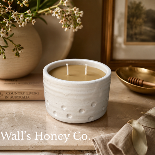 “Luna” pure beeswax candle in local pottery