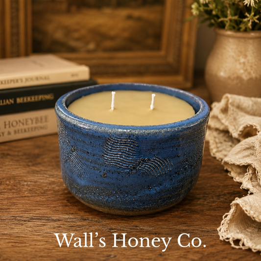 “Hazel” pure beeswax candle in local pottery