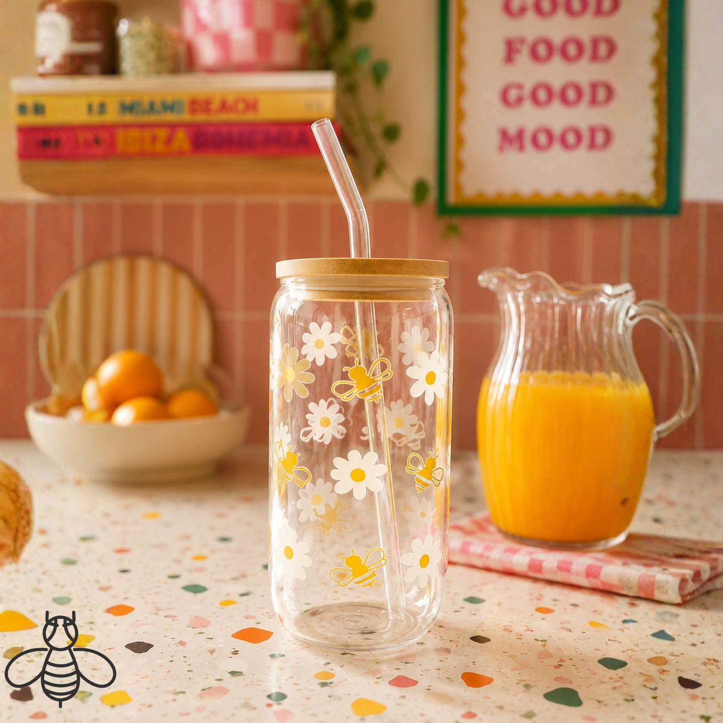 Bee & Daisy Pattern Drinking Glass