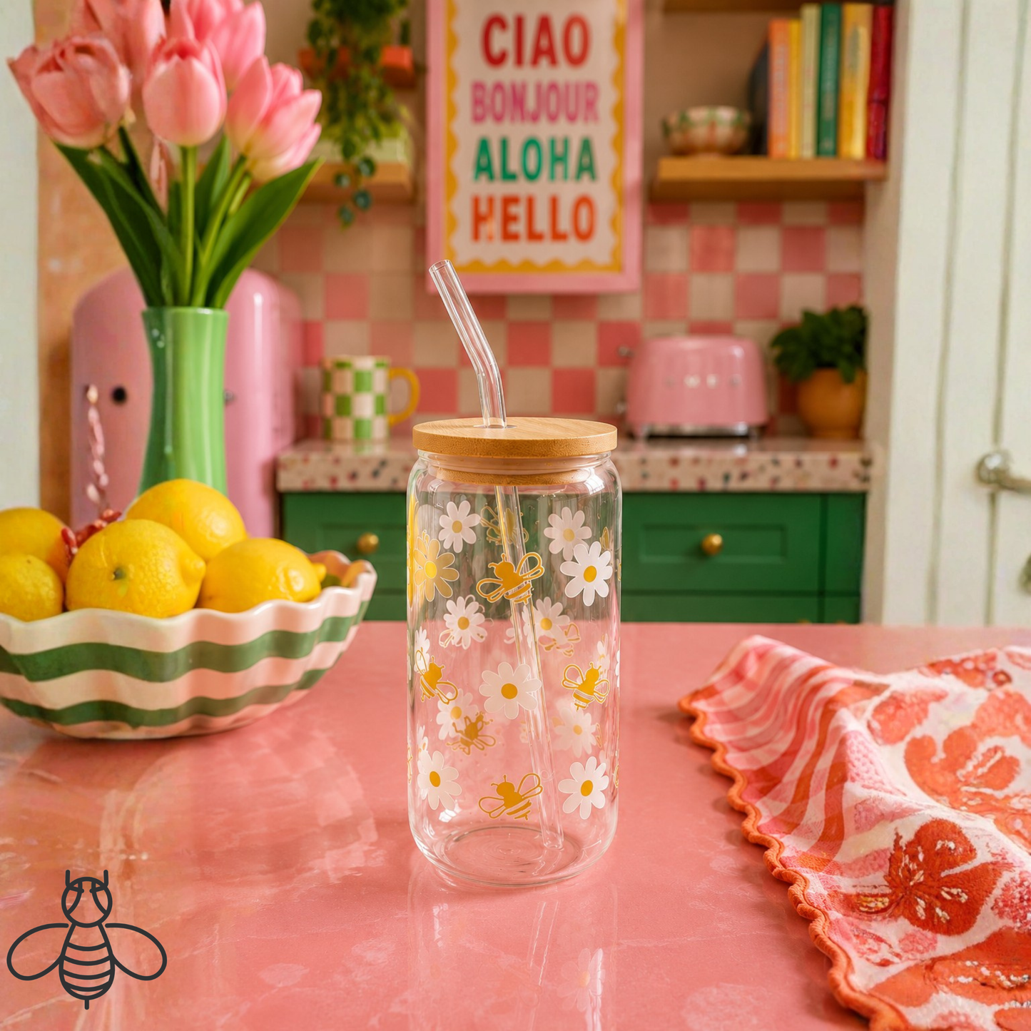 Bee & Daisy Pattern Drinking Glass