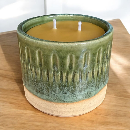 Pure Beeswax Candle in handmade pottery with Forrest green glaze. 