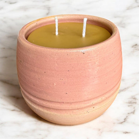 “Blush & Bloom” pure beeswax candle in local pottery