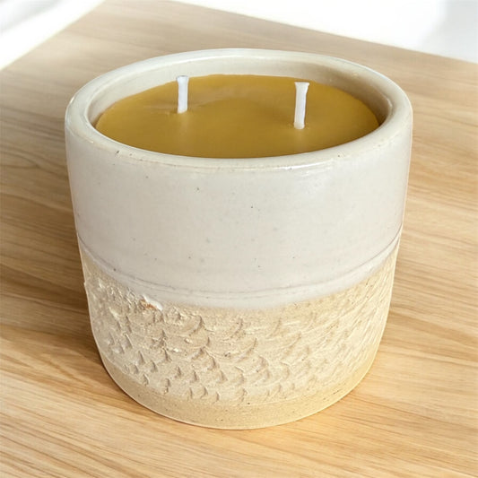 “Sand & Stone” pure beeswax candle in local pottery