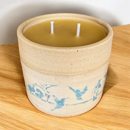 “Blue Birds” pure beeswax candle in local pottery