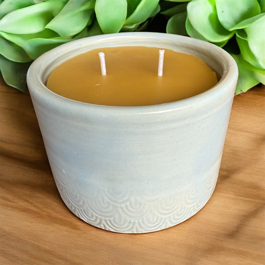 “Mermaid Tail” pure beeswax candle in local pottery