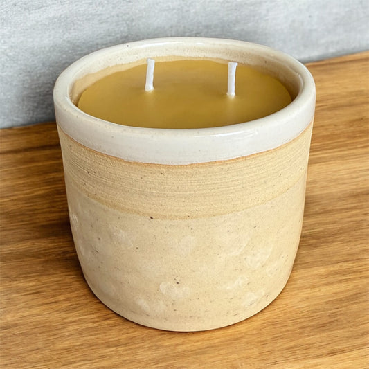 “Beach Love” pure beeswax candle in local pottery **discounted due to glaze drip**