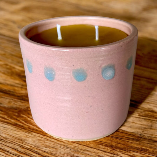 “Dusty Bloom” pure beeswax candle in local pottery