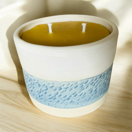“River Rapids” pure beeswax candle in local pottery