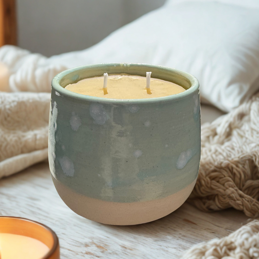 “Fern Mist” pure beeswax candle in local pottery