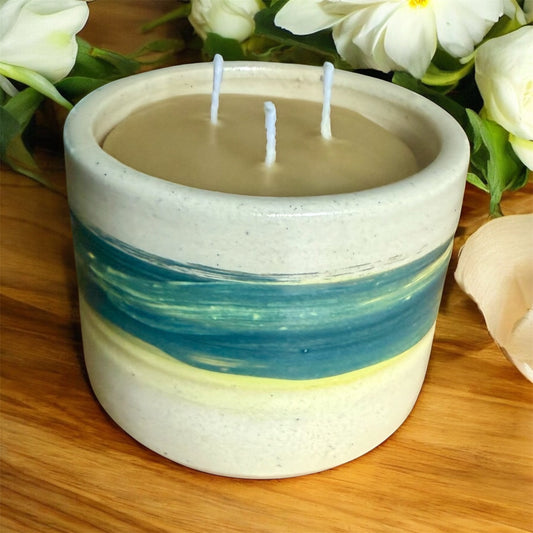 “Wild Lemongrass” pure beeswax candle in local pottery