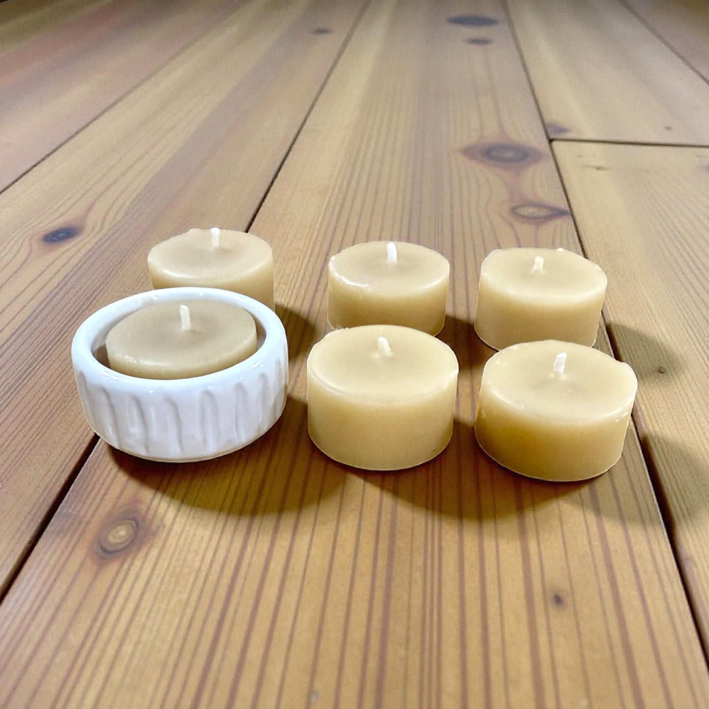 “Bianca” Pottery Tall Tea Light Beeswax Candle - Pack of 6.