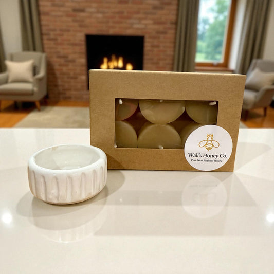 “Bianca” Pottery Tall Tea Light Beeswax Candle - Pack of 6.