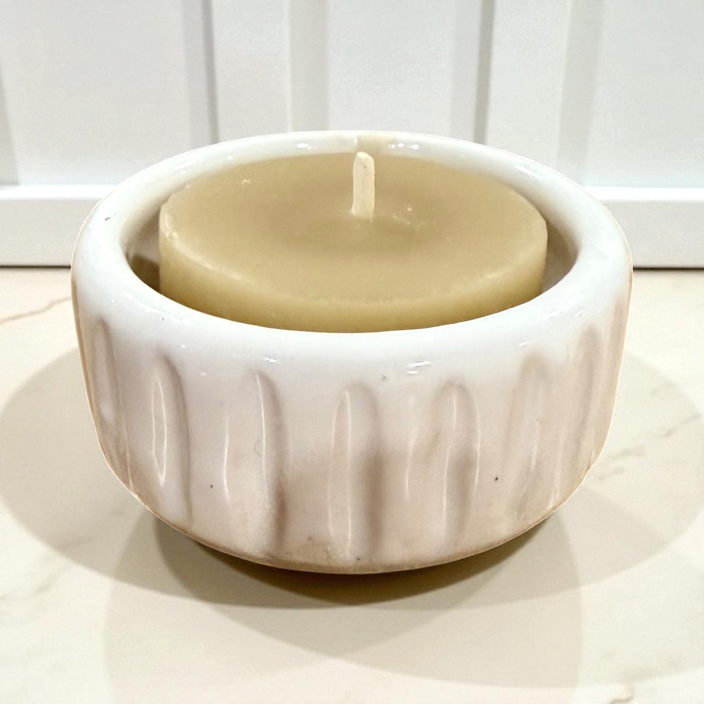 “Bianca” Pottery Tall Tea Light Beeswax Candle - Pack of 6.
