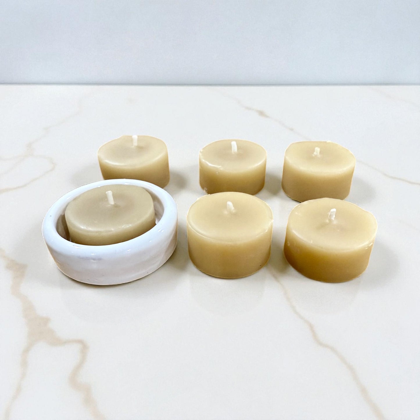 “Alba” Pottery Tall Tea Light Beeswax Candle - Pack of 6.