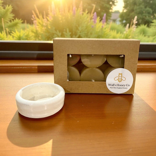 “Alba” Pottery Tall Tea Light Beeswax Candle - Pack of 6.