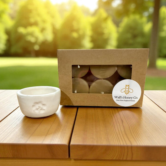 “Flora” Pottery Tall Tea Light Beeswax Candle Holder and Pack of 6 candles