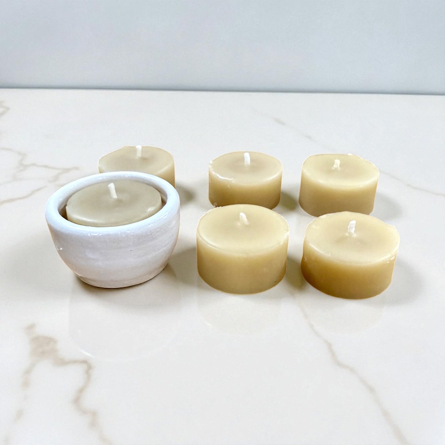 “Flora” Pottery Tall Tea Light Beeswax Candle Holder and Pack of 6 candles
