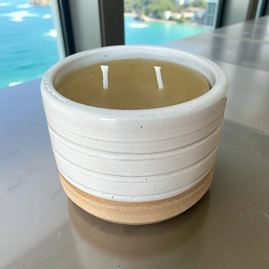 “Catherine” pure beeswax candle in local pottery