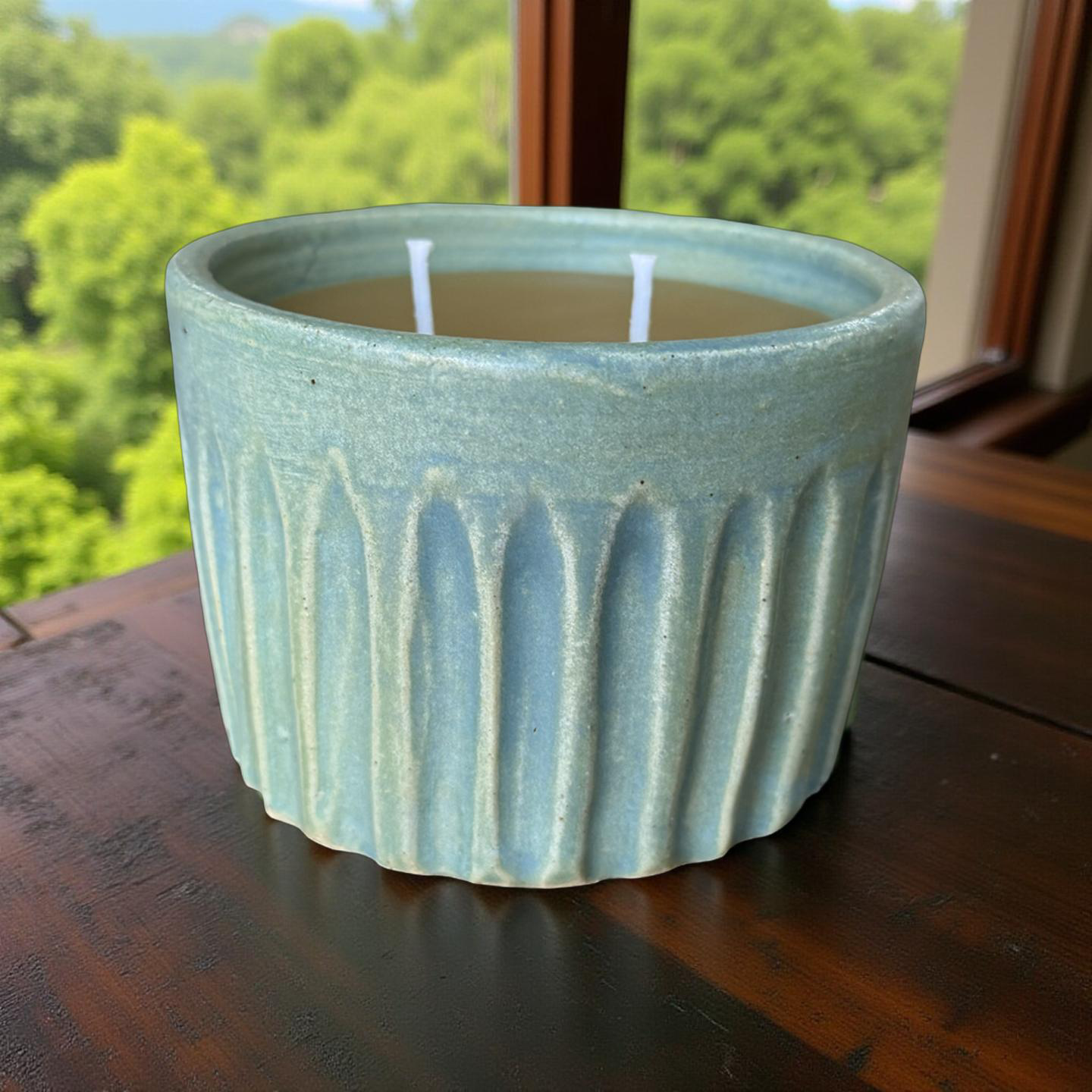 “Mabel” pure beeswax candle in local pottery