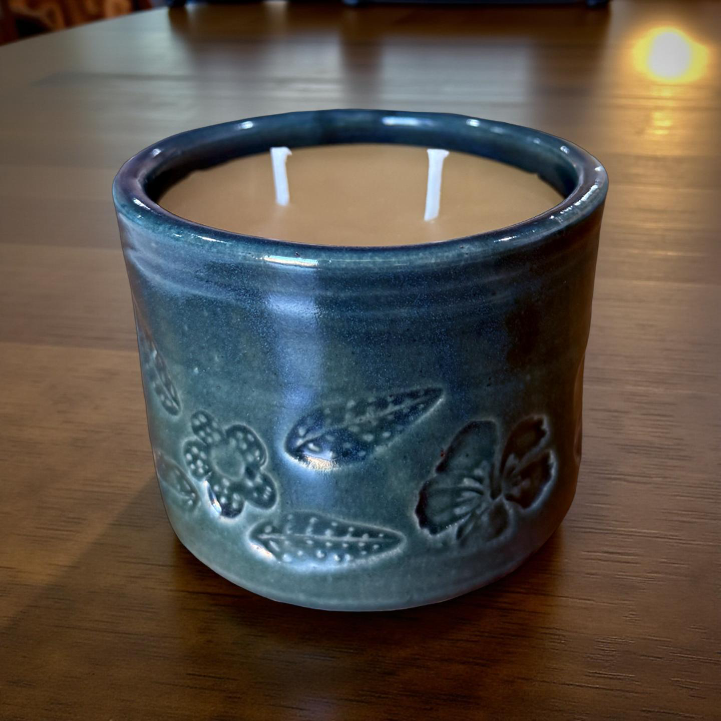 “Turquoise Bloom” pure beeswax candle in local pottery