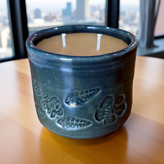 “Turquoise Bloom” pure beeswax candle in local pottery