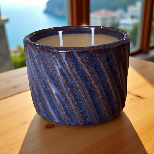 “Midnight Blue” pure beeswax candle in local pottery