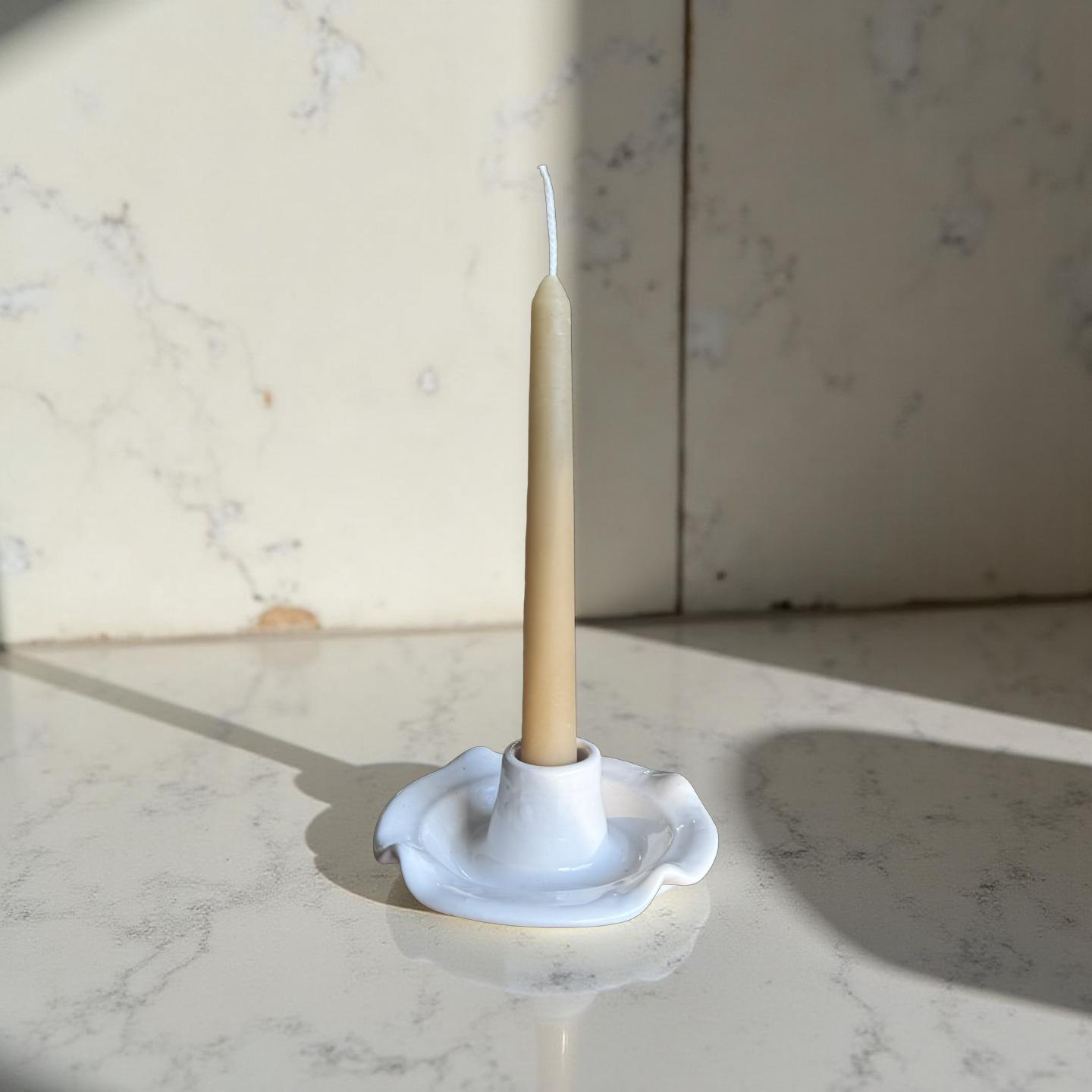 “Clara” Locally Made Pottery Dinner Candle Holder (with rolled or taper pure beeswax candle).