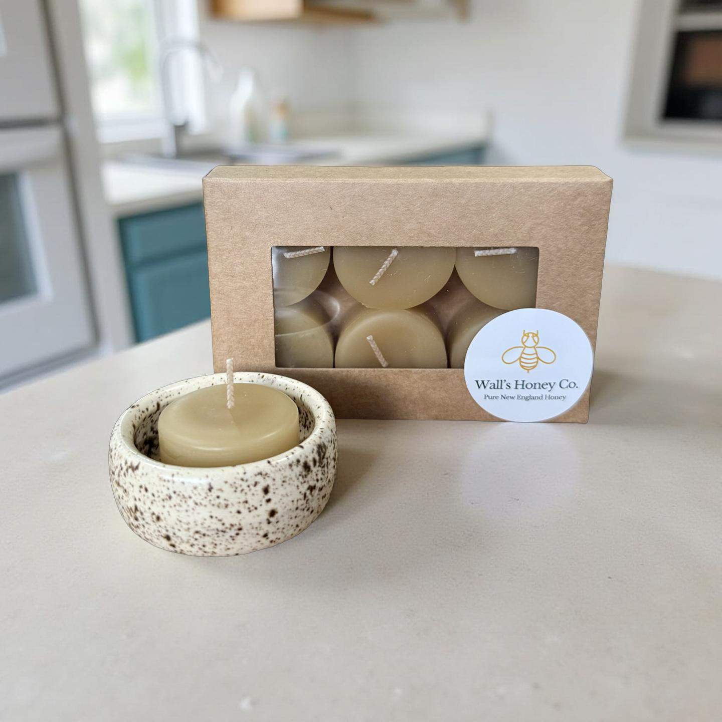 “Speckled” Pottery Tall Tea Light Beeswax Candle Holder and Pack of 6 candles
