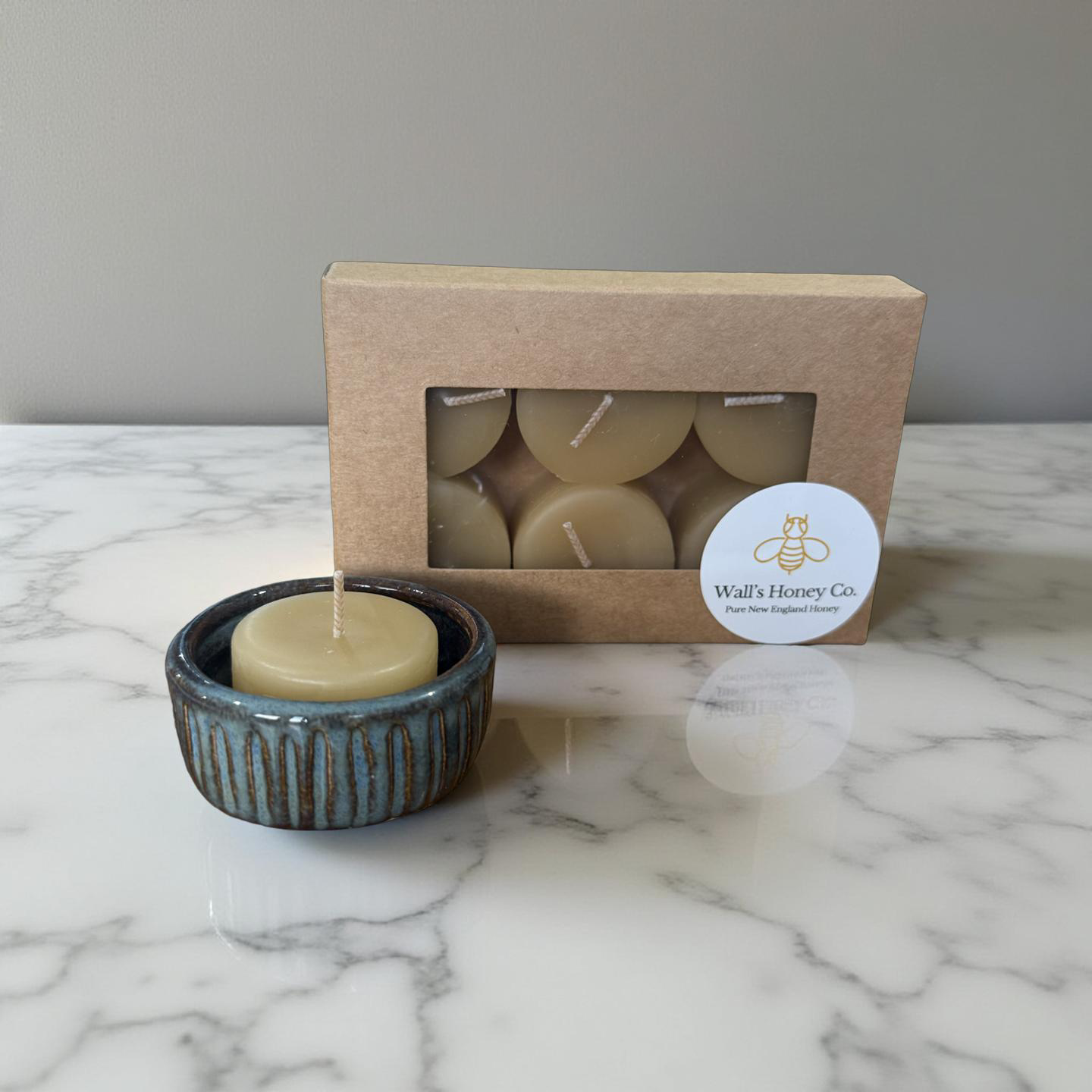 “Seraphine” Pottery Tall Tea Light Beeswax Candle Holder and Pack of 6 candles