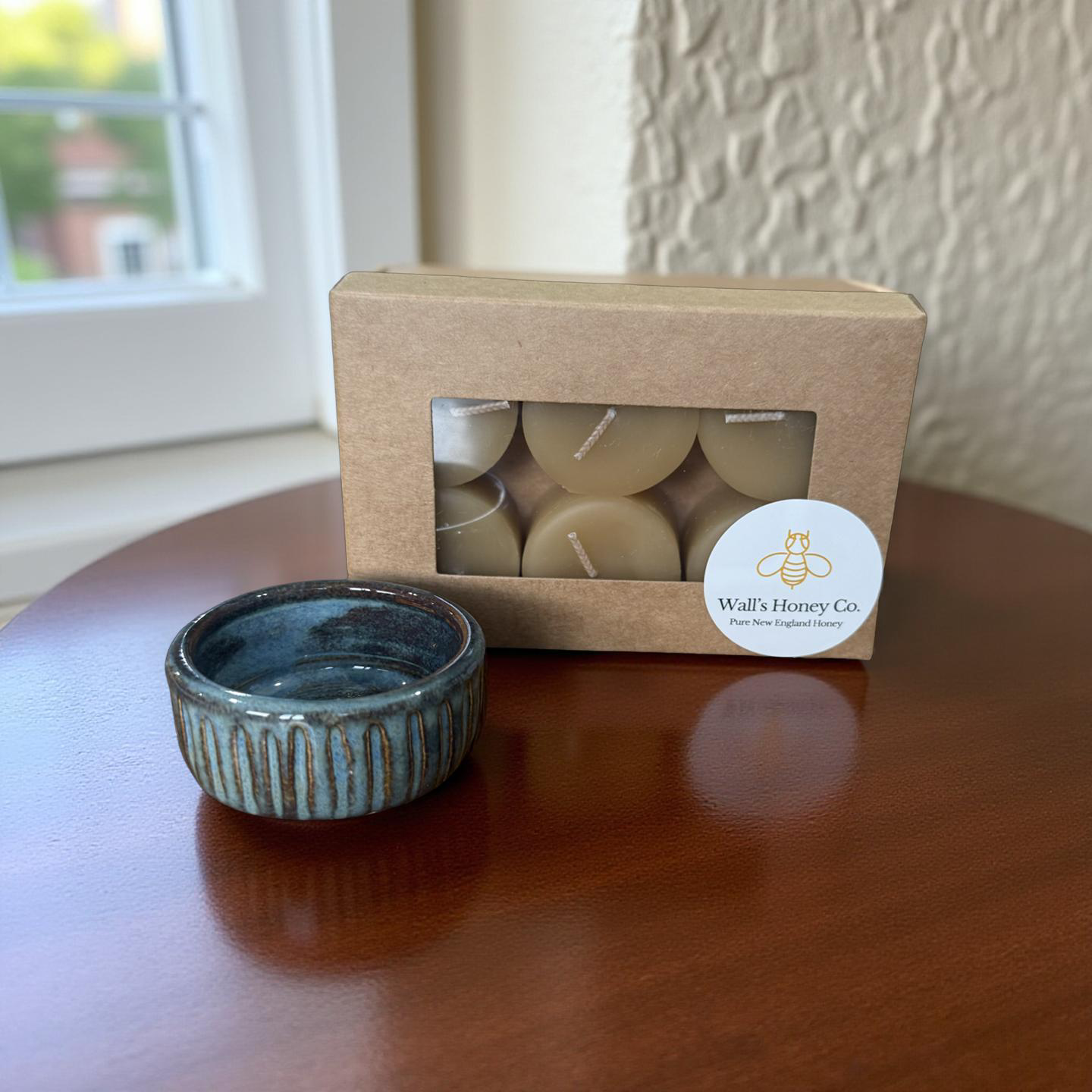 “Seraphine” Pottery Tall Tea Light Beeswax Candle Holder and Pack of 6 candles