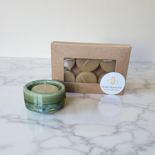 “Theodora” Pottery Tall Tea Light Beeswax Candle Holder and Pack of 6 candles
