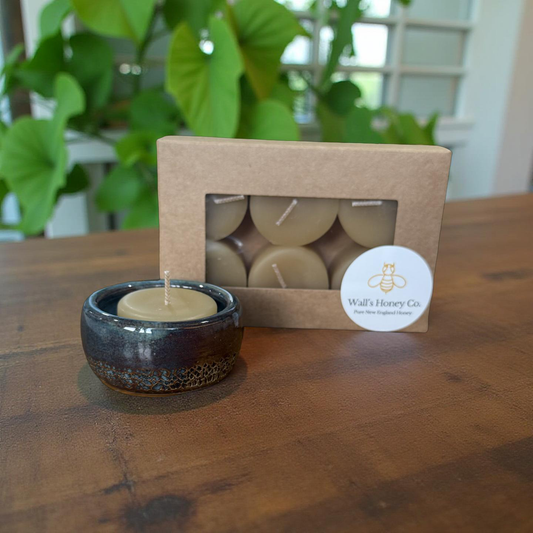 “Celestine” Pottery Tall Tea Light Beeswax Candle Holder and Pack of 6 candles
