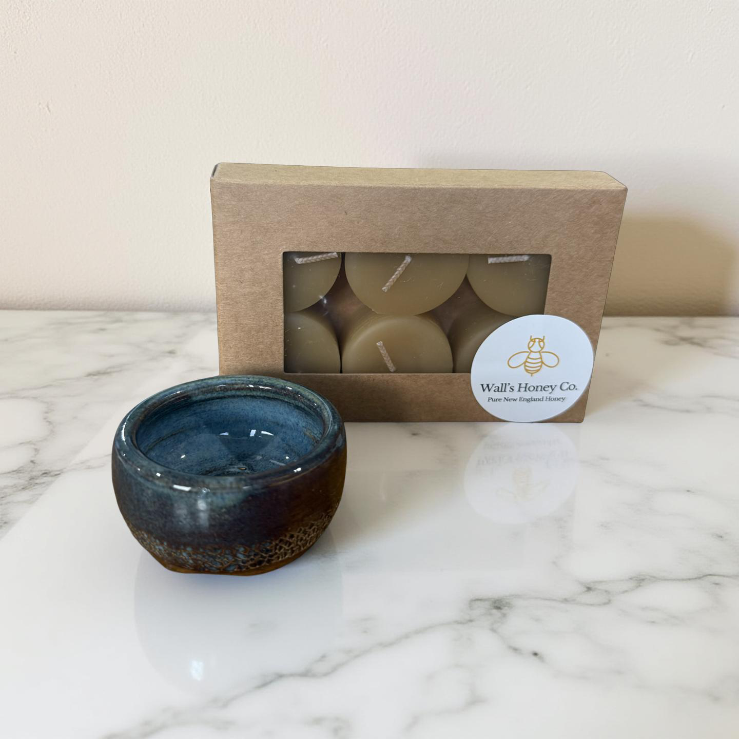 “Celestine” Pottery Tall Tea Light Beeswax Candle Holder and Pack of 6 candles