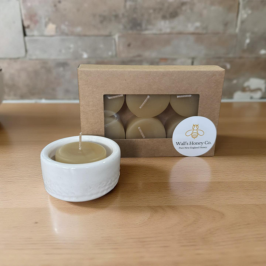 “Willow” Pottery Tall Tea Light Beeswax Candle Holder and Pack of 6 candles