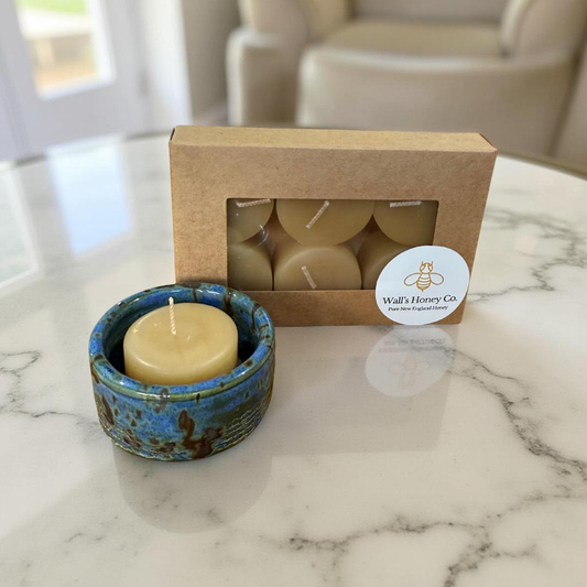 “Hazel” Pottery Tall Tea Light Beeswax Candle Holder and Pack of 6 candles