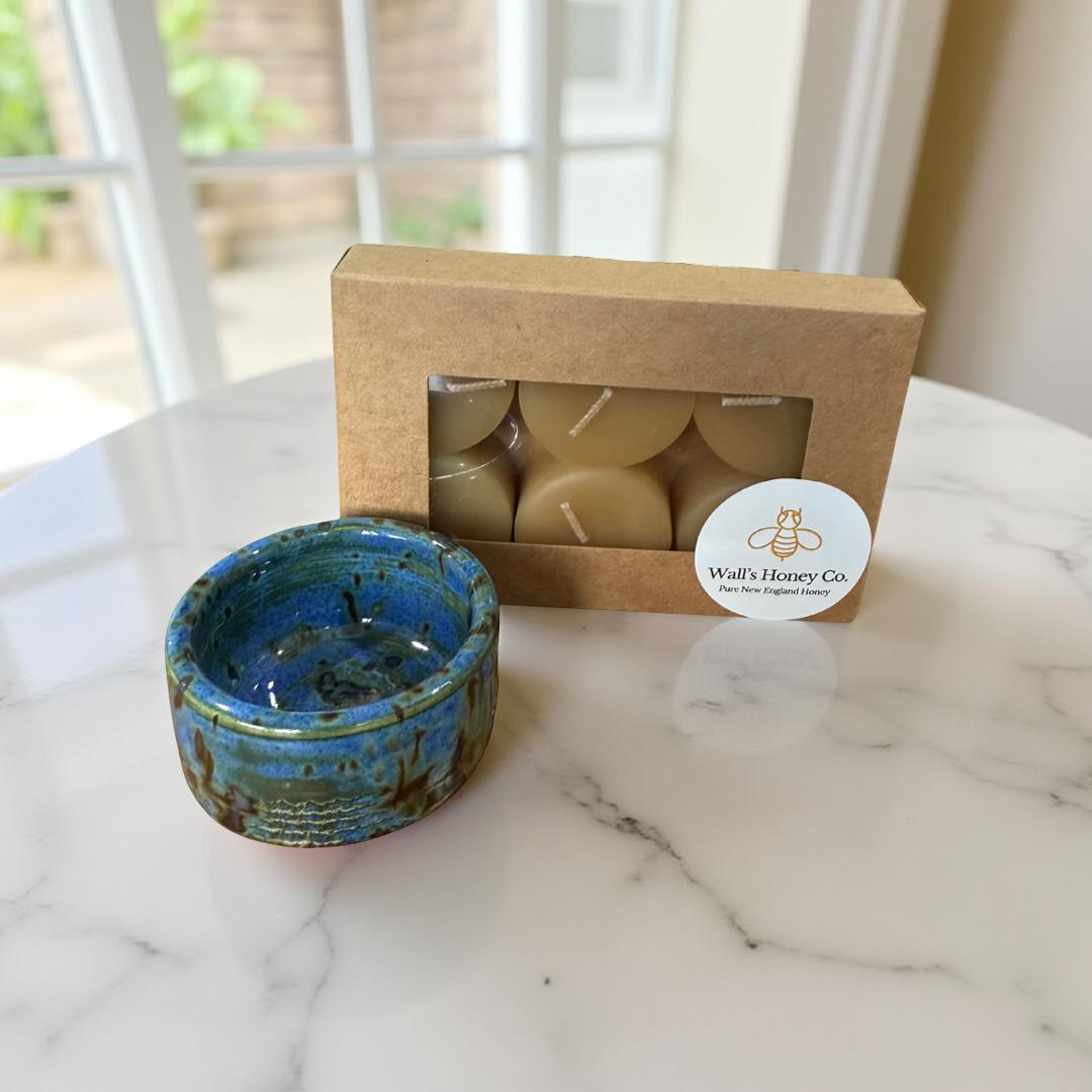 “Hazel” Pottery Tall Tea Light Beeswax Candle Holder and Pack of 6 candles