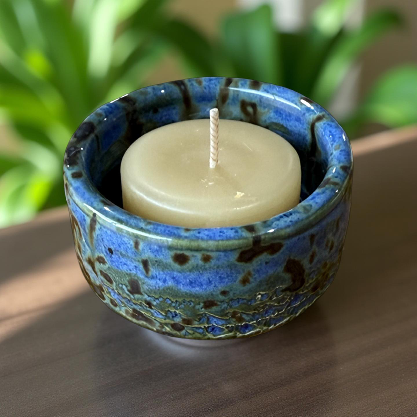 “Hazel” Pottery Tall Tea Light Beeswax Candle Holder and Pack of 6 candles
