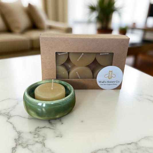 “Elana” Pottery Tall Tea Light Beeswax Candle Holder and Pack of 6 candles
