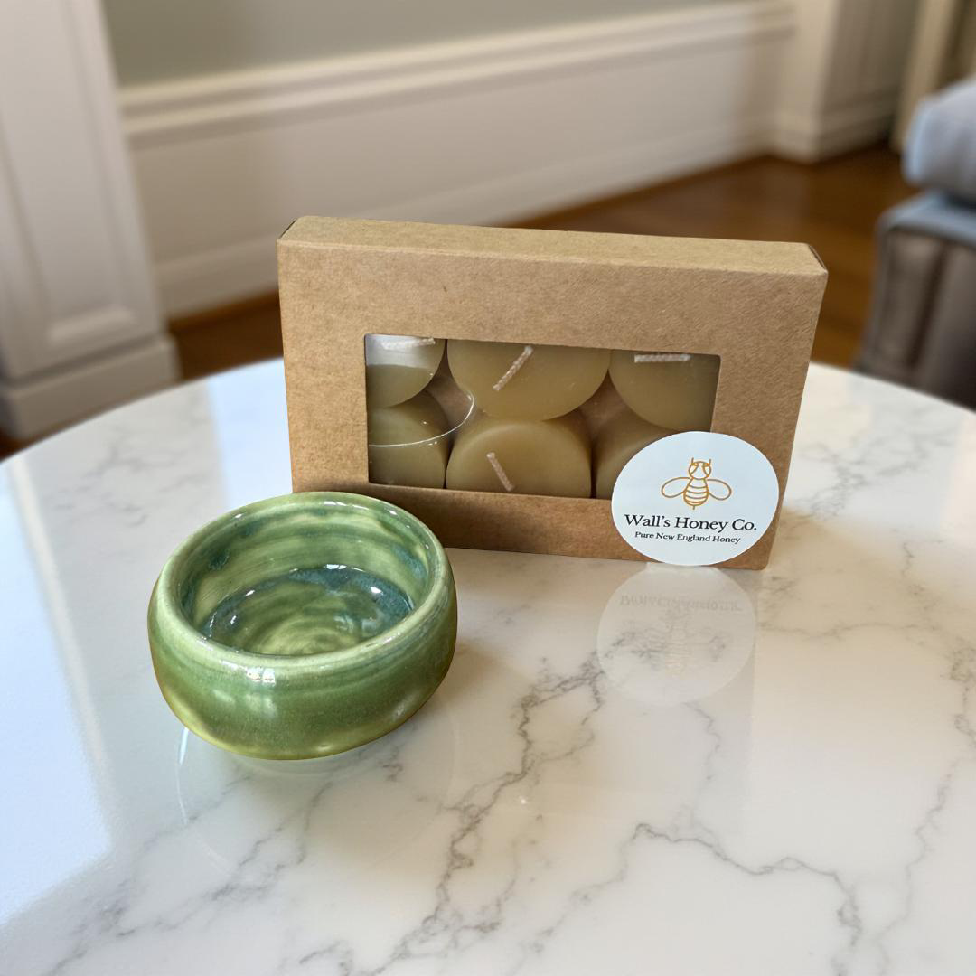 “Elana” Pottery Tall Tea Light Beeswax Candle Holder and Pack of 6 candles