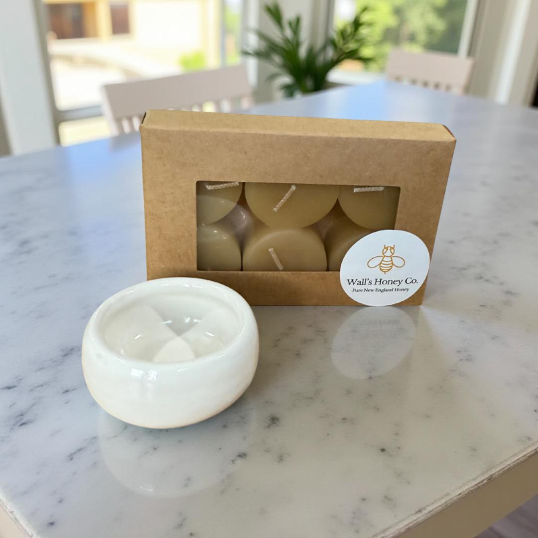 “Victoria” Pottery Tall Tea Light Beeswax Candle Holder and Pack of 6 candles