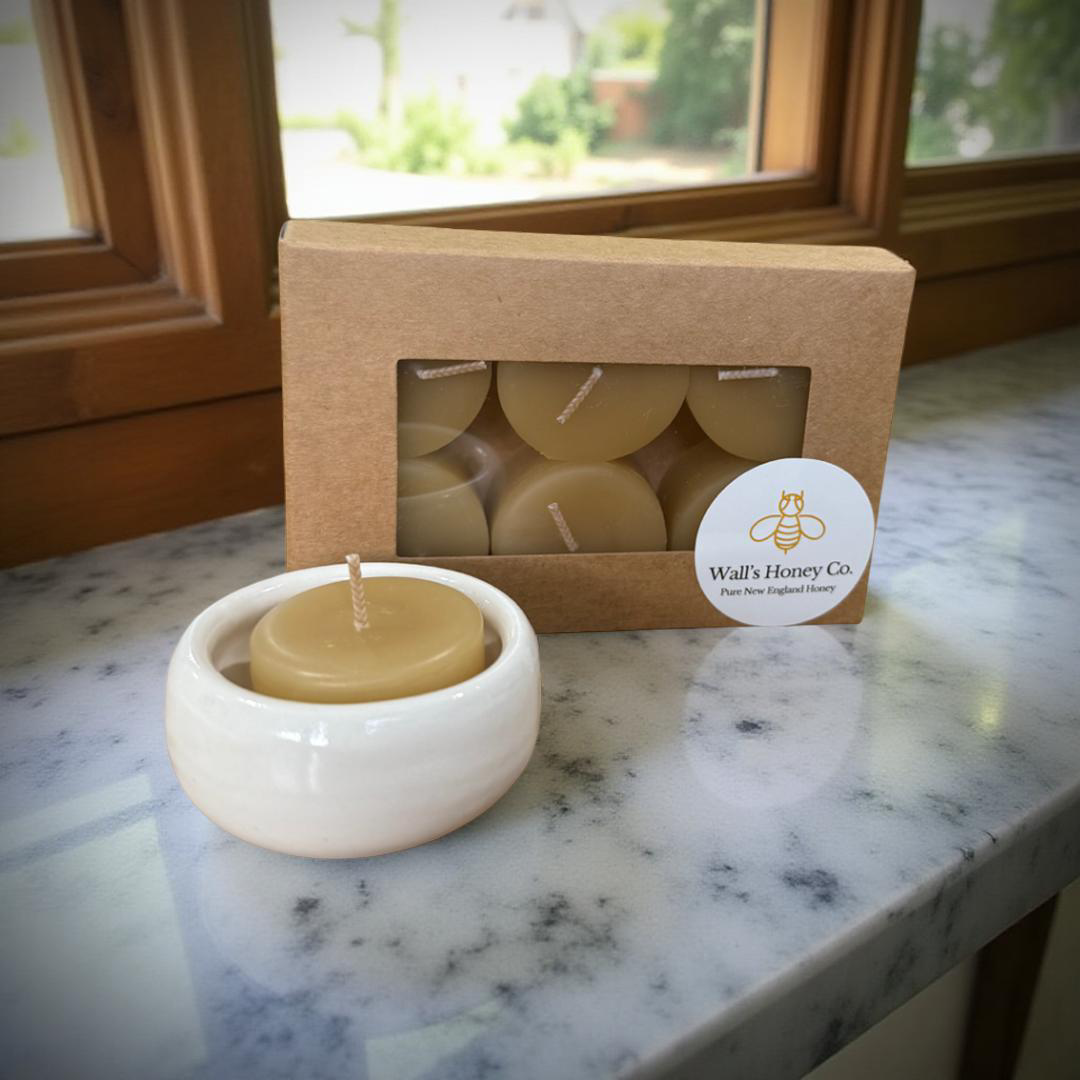 “Victoria” Pottery Tall Tea Light Beeswax Candle Holder and Pack of 6 candles